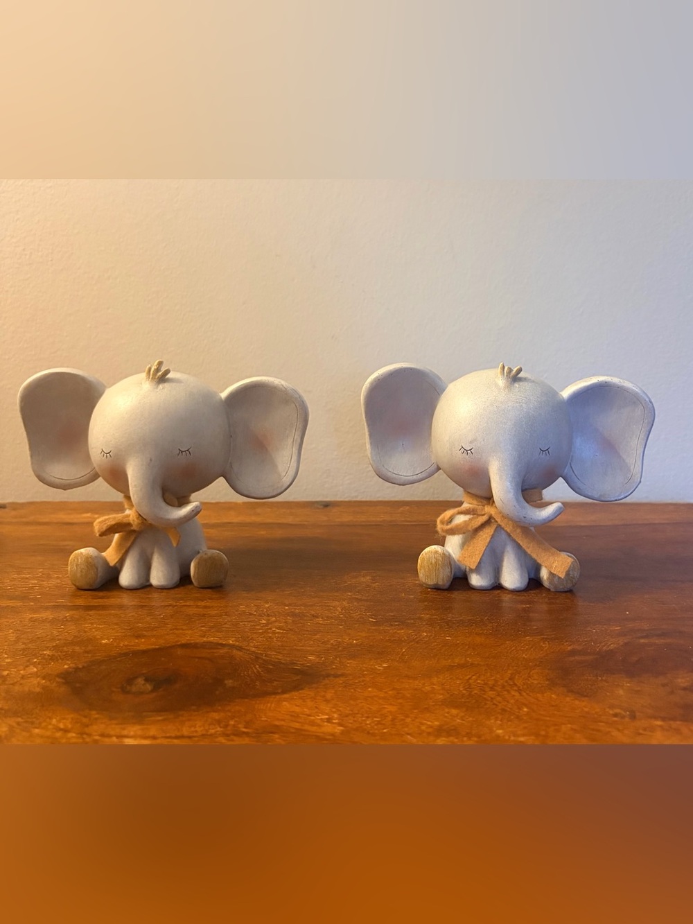 Set of Two Cute Gray Elephant Figurines with Tan Bows